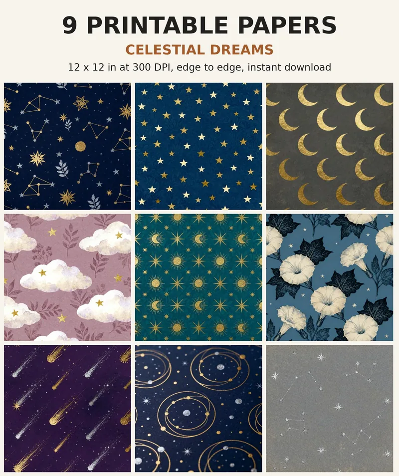 Celestial Digital Paper Pack, 9 Night Sky Scrapbook Papers, 12x12 Printable Gold Stars Moon Constellations, Junk Journal JPG shown as a preview of the paper pack