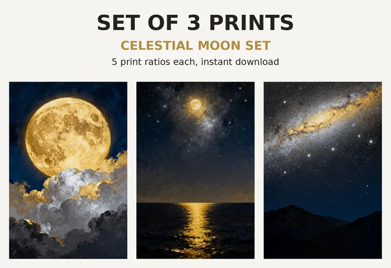 Celestial Print Set of 3, Printable Wall Art, Gold Full Moon Moonlit Sea Starry Sky Paintings, Boho Bedroom Witchy Decor Download shown as a preview of the print set