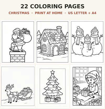 Christmas Coloring Book Printable, 22 Pages for Kids and Adults, Santa Snowman Gingerbread Reindeer PDF, US Letter A4 Instant Download shown as a preview of the coloring book