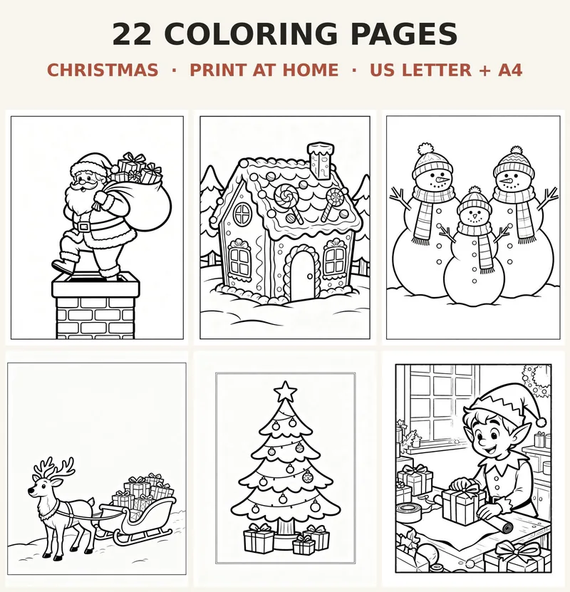 Christmas Coloring Book Printable, 22 Pages for Kids and Adults, Santa Snowman Gingerbread Reindeer PDF, US Letter A4 Instant Download shown as a preview of the coloring book