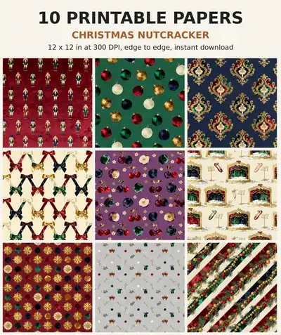 Christmas Digital Paper Pack, 10 Nutcracker Scrapbook Papers, 12x12 Printable Velvet Ribbon Ornament Toy Soldier, Holiday Junk Journal JPG shown as a preview of the paper pack