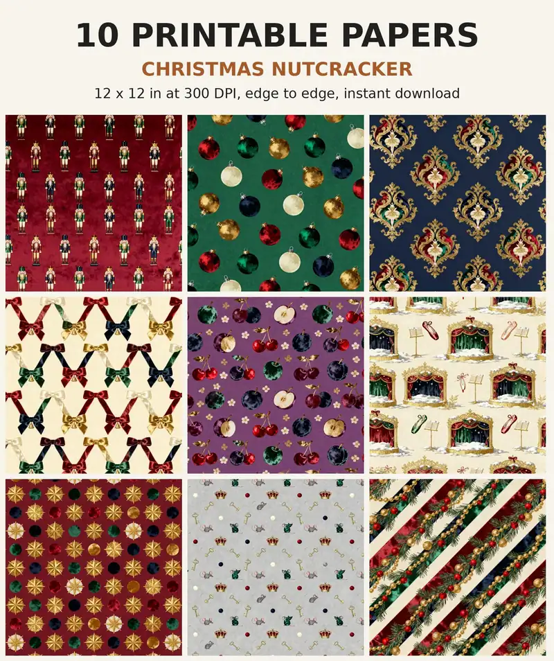 Christmas Digital Paper Pack, 10 Nutcracker Scrapbook Papers, 12x12 Printable Velvet Ribbon Ornament Toy Soldier, Holiday Junk Journal JPG shown as a preview of the paper pack