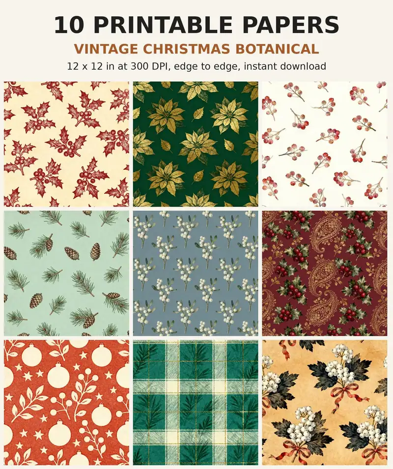 Christmas Digital Paper Pack, 10 Vintage Botanical Scrapbook Papers, 12x12 Printable Holly Poinsettia Pine, Cottage Craft JPG Download shown as a preview of the paper pack