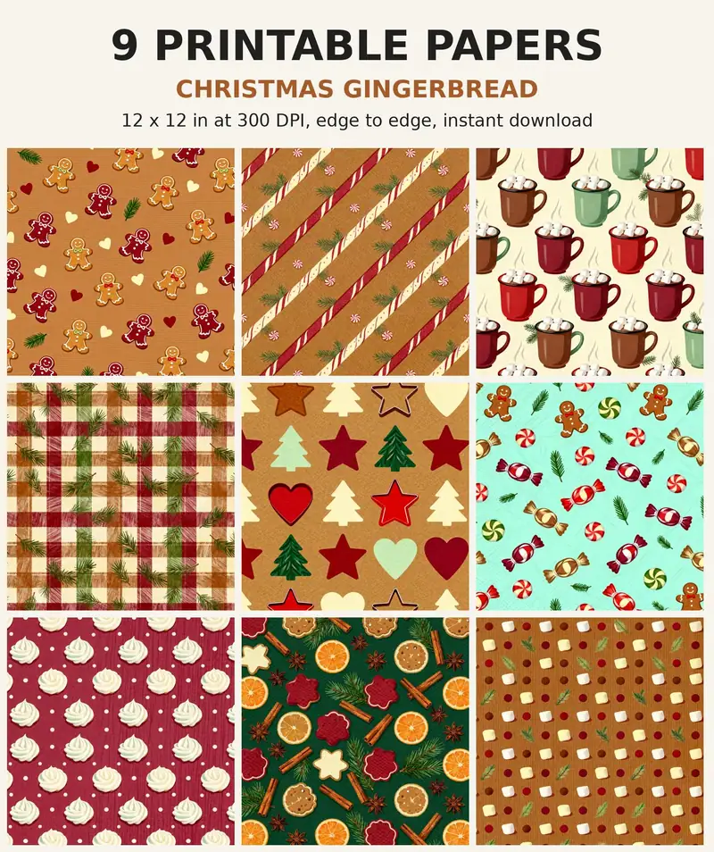 Christmas Digital Paper Pack, 9 Gingerbread Cocoa Scrapbook Papers, 12x12 Printable Candy Cane Plaid Cookie, Holiday Junk Journal JPG shown as a preview of the paper pack