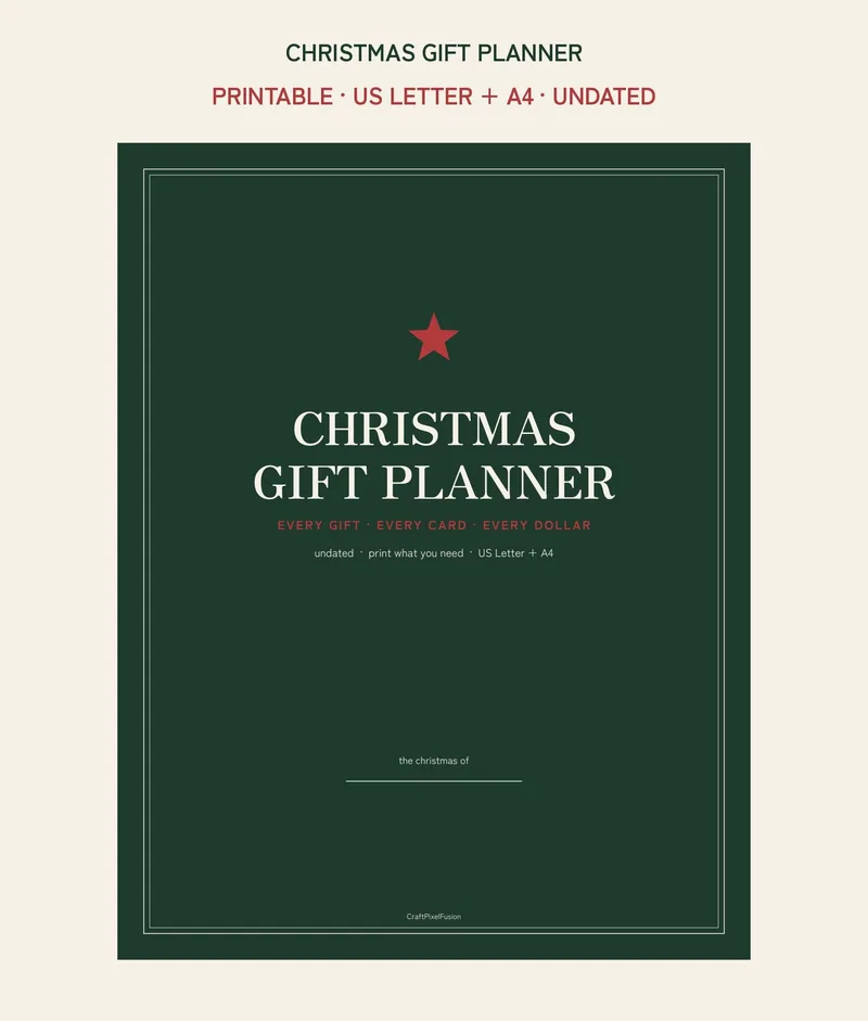 Christmas Gift Planner Printable, Gift List and Budget Tracker, Card List Menu Planner PDF, Holiday Organizer US Letter A4 Download shown as a preview of the planner