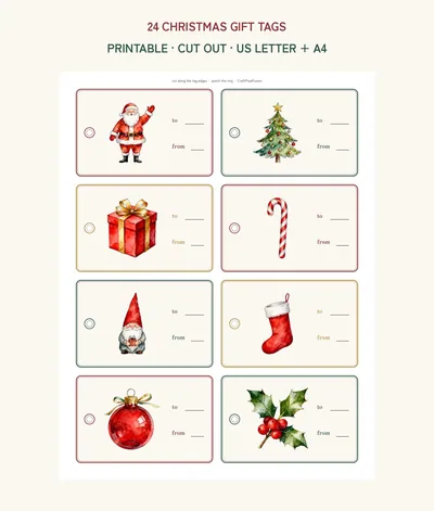 Christmas Gift Tags Printable, 24 Watercolor Holiday To From Labels PDF, Santa Gnome Reindeer Cut Out Tags, US Letter A4 Download shown as a preview of the printable