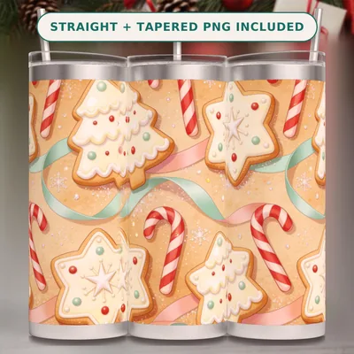 Christmas Gingerbread Tumbler Wrap PNG Seamless, Iced Star and Tree Cookies with Candy Canes, 20oz Sublimation Download shown flat as a tumbler wrap