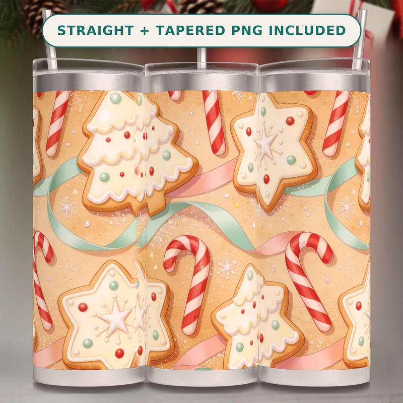 Christmas Gingerbread Tumbler Wrap PNG Seamless, Iced Star and Tree Cookies with Candy Canes, 20oz Sublimation Download shown flat as a tumbler wrap