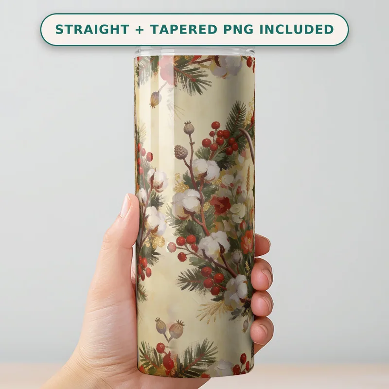 Christmas Highland Cow Tumbler Wrap PNG, Painterly Highland Cattle in a Holly Berry Wreath, Seamless 20oz Skinny Straight Wrap Download shown flat as a tumbler wrap
