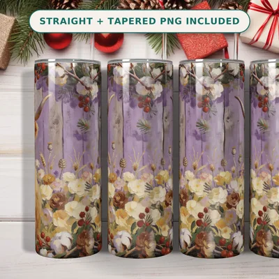 Christmas Highland Cow Tumbler Wrap PNG, Painterly Lavender Wheat Floral Holly Border, Seamless 20oz Skinny Straight, Sublimation Download shown flat as a tumbler wrap