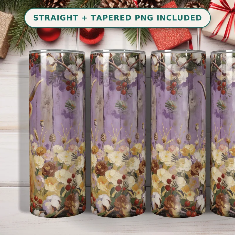 Christmas Highland Cow Tumbler Wrap PNG, Painterly Lavender Wheat Floral Holly Border, Seamless 20oz Skinny Straight, Sublimation Download shown flat as a tumbler wrap