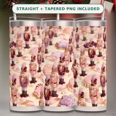 Christmas Nutcracker Tumbler Wrap PNG Seamless, Painted Soldiers on Buttercream with Sugarplum Icing, 20oz Sublimation Download shown flat as a tumbler wrap