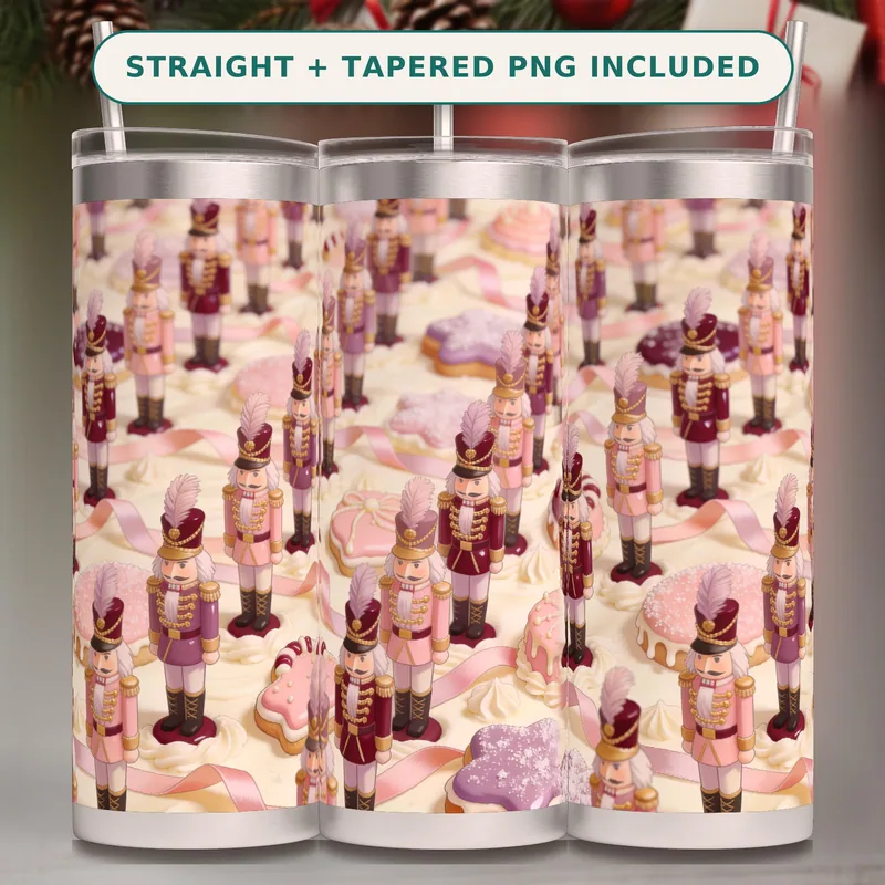 Christmas Nutcracker Tumbler Wrap PNG Seamless, Painted Soldiers on Buttercream with Sugarplum Icing, 20oz Sublimation Download shown flat as a tumbler wrap