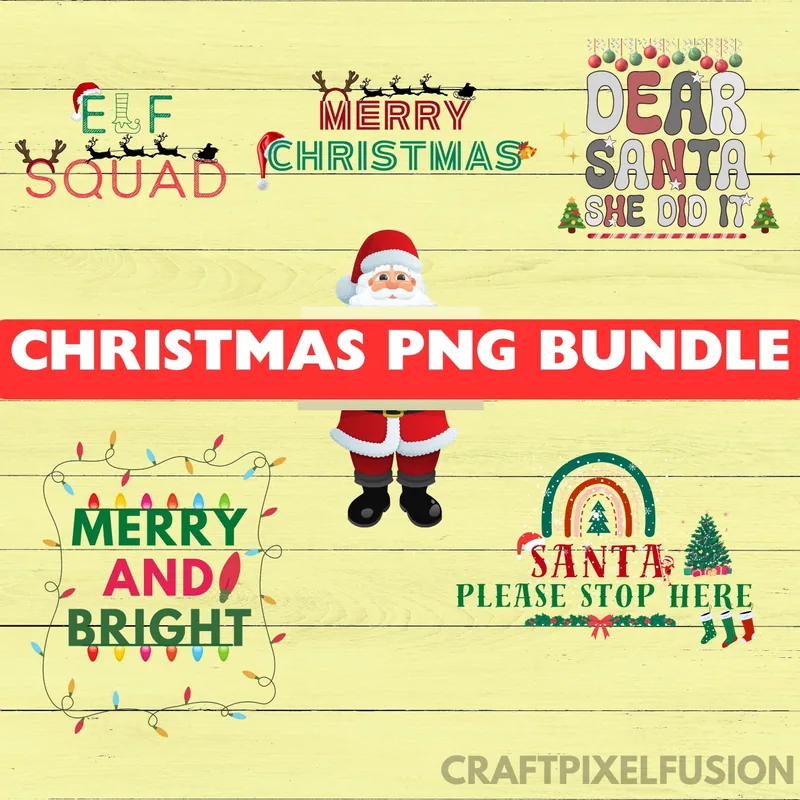 Christmas PNG Bundle: Elf Squad, Santa, Merry & Bright shown flat as a tumbler wrap