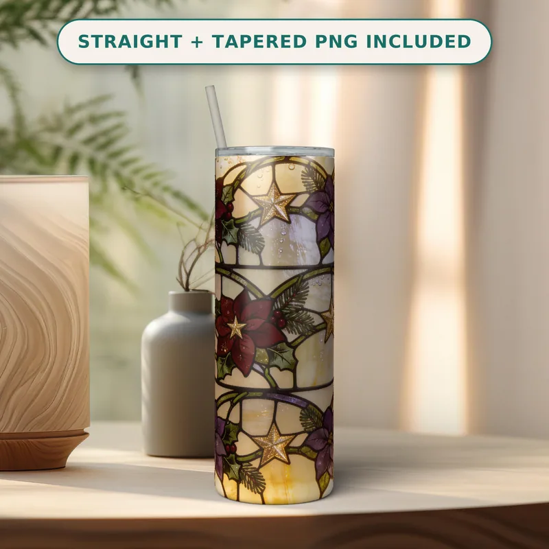 Christmas Stained Glass Tumbler Wrap PNG, Poinsettia Holly Gold Stars Frieze, Seamless 20oz Skinny Straight Download, Wisteria Light shown flat as a tumbler wrap