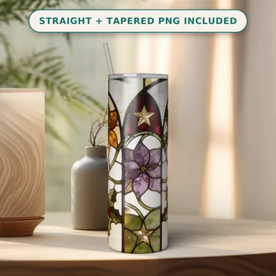 Christmas Stained Glass Tumbler Wrap PNG, Poinsettia Holly Gothic Arch Design, Seamless 20oz Skinny Straight Sublimation Download shown flat as a tumbler wrap