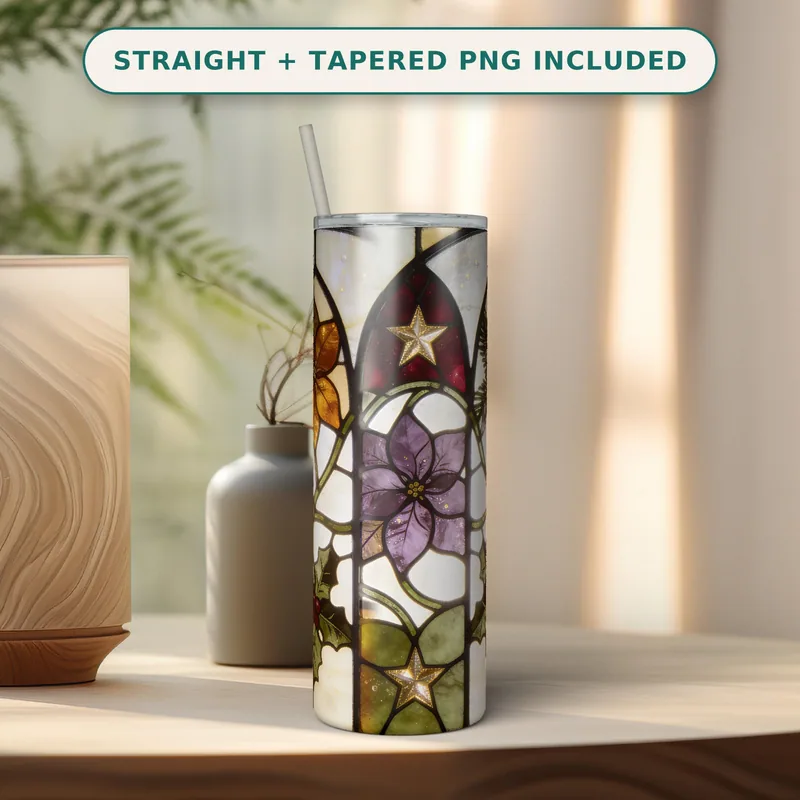 Christmas Stained Glass Tumbler Wrap PNG, Poinsettia Holly Gothic Arch Design, Seamless 20oz Skinny Straight Sublimation Download shown flat as a tumbler wrap