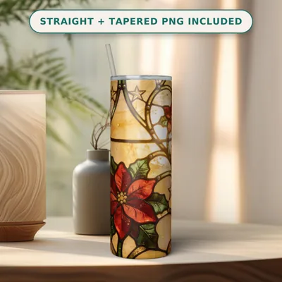 Christmas Stained Glass Tumbler Wrap PNG Seamless, Red Poinsettia and Holly Leadlight Panel, 20oz Skinny Sublimation Download shown flat as a tumbler wrap