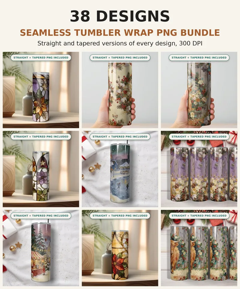 Christmas Tumbler Wrap PNG Bundle, 37 Seamless 20oz Skinny Sublimation Designs, Vintage Gnome Stained Glass Mega Pack, Download shown flat as a tumbler wrap