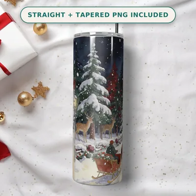 Christmas Village Tumbler Wrap PNG Seamless, Horse Drawn Sleigh and Snowy Log Cabin at Dusk, 20oz Skinny Sublimation Download shown flat as a tumbler wrap