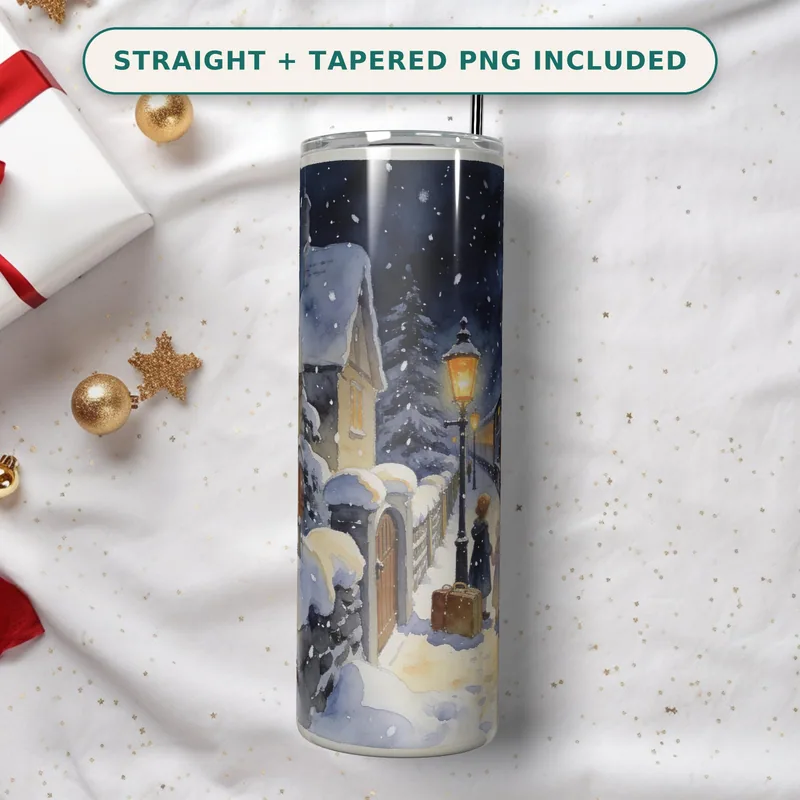 Christmas Village Tumbler Wrap PNG Seamless, Snowy Station Platform with Steam Train and Lanterns, 20oz Skinny Sublimation Download shown flat as a tumbler wrap