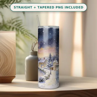 Christmas Village Tumbler Wrap PNG, Skating Pond Ice Skaters Gazebo Church Twilight Sky, Seamless 20 oz Skinny Straight Design, Download shown flat as a tumbler wrap