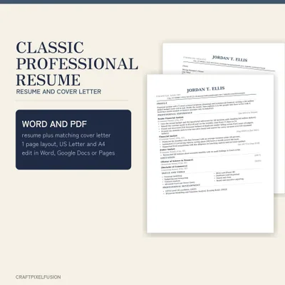 Classic Professional Resume Template with Cover Letter, Word and Google Docs CV for Finance Law and Corporate Job Applications shown as a preview of the printable