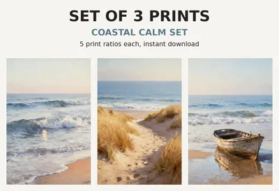 Coastal Print Set of 3, Printable Wall Art, Ocean Waves Beach Dune Grass Paintings, Calming Blue Bathroom Decor Digital Download shown as a preview of the print set