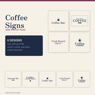 Coffee Bar Sign SVG Bundle, 6 Cut Files for Cricut and Glowforge, Coffee Station Wall Sign Cut Files with DXF and PNG, Instant Download shown flat as a tumbler wrap