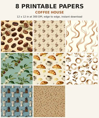Coffee Digital Paper Pack, 10 Cafe Scrapbook Papers, 12x12 Printable Beans Mugs Croissant Latte, Kitchen Junk Journal JPG shown as a preview of the paper pack
