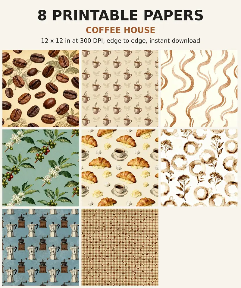 Coffee Digital Paper Pack, 10 Cafe Scrapbook Papers, 12x12 Printable Beans Mugs Croissant Latte, Kitchen Junk Journal JPG shown as a preview of the paper pack