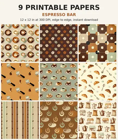 Coffee Digital Paper Pack, 9 Espresso Bar Scrapbook Papers, 12x12 Printable Latte Art Beans Tile Cafe Menu, Kitchen Junk Journal JPG shown as a preview of the paper pack
