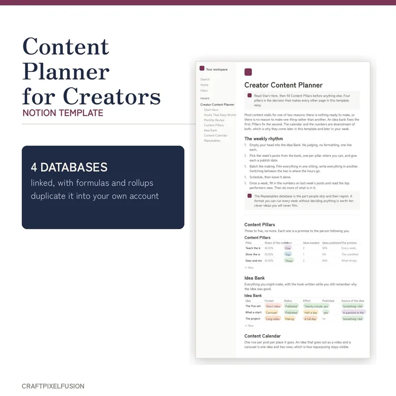 Content Planner Notion Template for Creators, Calendar and Idea Bank shown as a preview of the printable