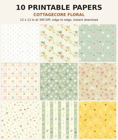 Cottagecore Digital Paper Pack, 10 Floral Scrapbook Papers, 12x12 Printable Ditsy Meadow Gingham Mushroom, Cottage Junk Journal JPG shown as a preview of the paper pack