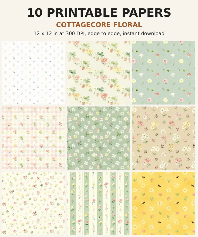 Cottagecore Digital Paper Pack, 10 Floral Scrapbook Papers, 12x12 Printable Ditsy Meadow Gingham Mushroom, Cottage Junk Journal JPG shown as a preview of the paper pack