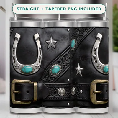 Cowhide Tooled Leather Tumbler Wrap PNG Seamless, Silver Horseshoes Star Studs and Turquoise, 20oz Skinny Sublimation Download shown flat as a tumbler wrap