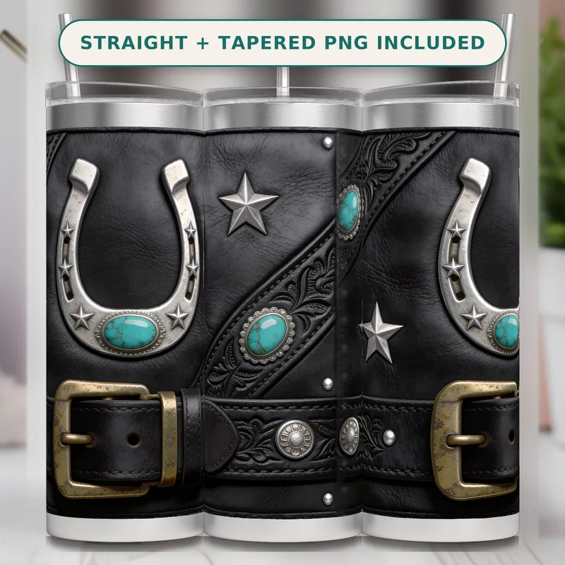 Cowhide Tooled Leather Tumbler Wrap PNG Seamless, Silver Horseshoes Star Studs and Turquoise, 20oz Skinny Sublimation Download shown flat as a tumbler wrap