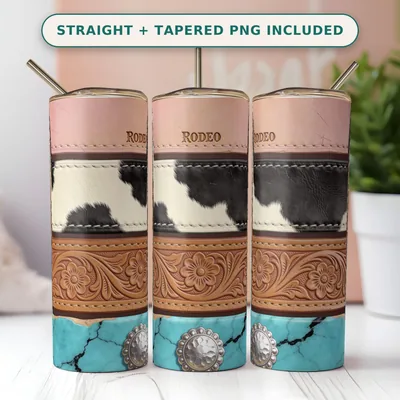 Cowhide Turquoise and Tooled Leather Tumbler Wrap PNG, Western Texture Bands with a Rodeo Stamp, Seamless 20oz Download shown flat as a tumbler wrap