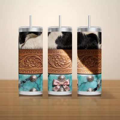 Cowhide Turquoise and Tooled Leather Tumbler Wrap PNG, Western Texture Block, Seamless 20oz Skinny Sublimation, Instant Download shown flat as a tumbler wrap