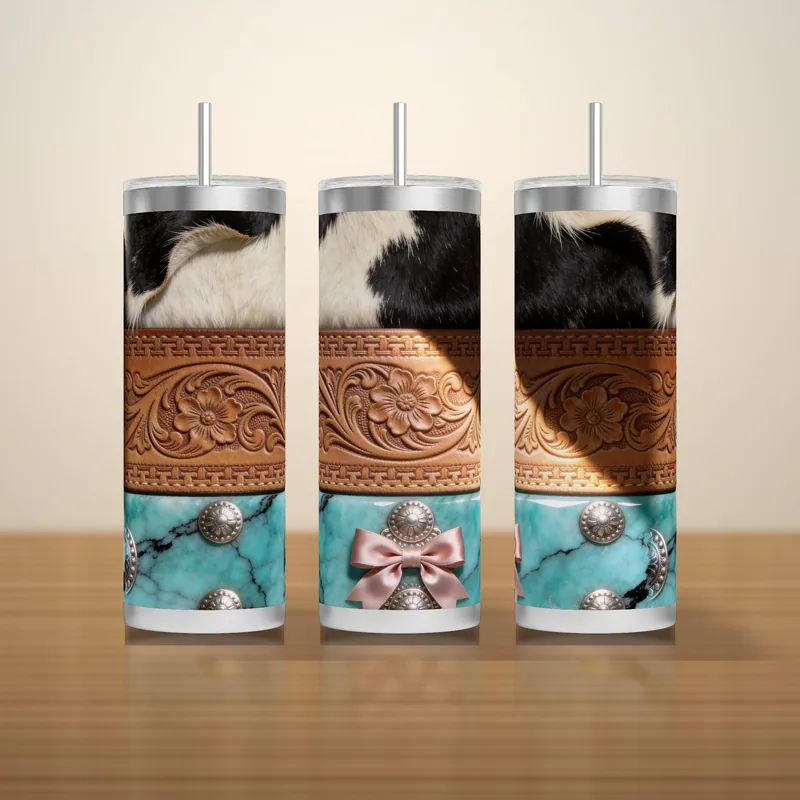 Cowhide Turquoise and Tooled Leather Tumbler Wrap PNG, Western Texture Block, Seamless 20oz Skinny Sublimation, Instant Download shown flat as a tumbler wrap