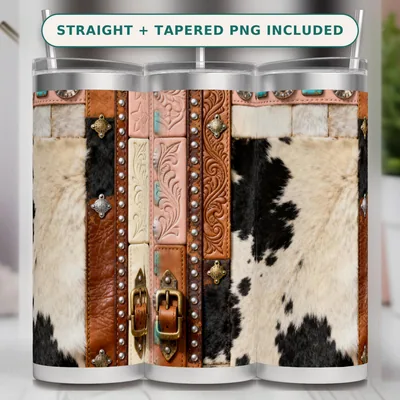 Cowhide Turquoise Tooled Leather Tumbler Wrap PNG Seamless, Silver Conchos and Blush Stamped Bands, 20oz Sublimation Download shown flat as a tumbler wrap