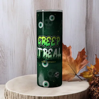 Creep It Real Tumbler Wrap PNG, 20oz Skinny Sublimation Design, Halloween Straight & Tapered, Instant Download shown flat as a tumbler wrap