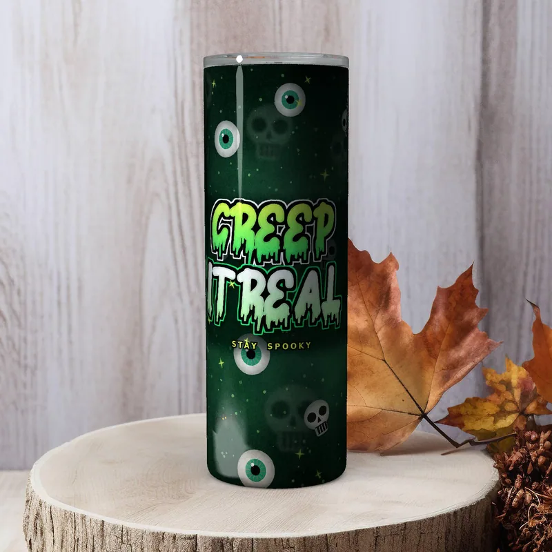 Creep It Real Tumbler Wrap PNG, 20oz Skinny Sublimation Design, Halloween Straight & Tapered, Instant Download shown flat as a tumbler wrap
