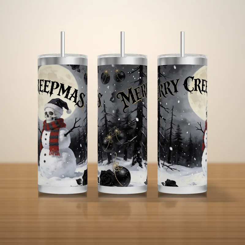 Creepmas Tumbler Wrap PNG | Skull Snowman Under a Full Moon | Seamless 20oz Skinny Gothic Christmas Sublimation | Instant Download shown flat as a tumbler wrap