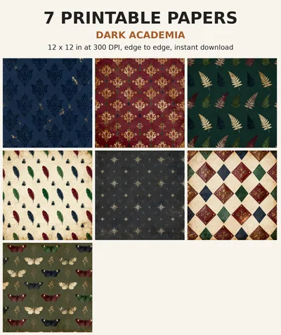 Dark Academia Digital Paper Pack, 7 Moody Scrapbook Papers, 12x12 Printable Ink Damask Tweed Botanical, Gothic Junk Journal JPG shown as a preview of the paper pack
