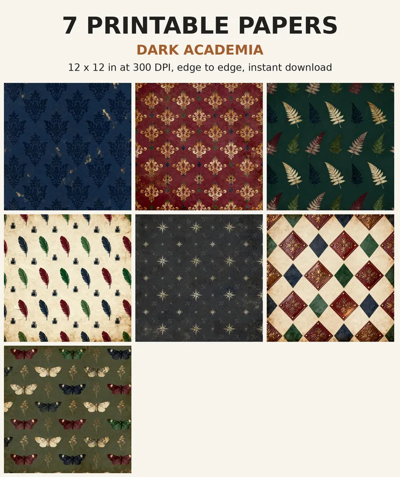 Dark Academia Digital Paper Pack, 7 Moody Scrapbook Papers, 12x12 Printable Ink Damask Tweed Botanical, Gothic Junk Journal JPG shown as a preview of the paper pack
