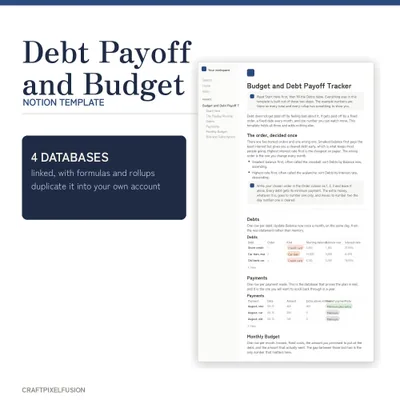 Debt Payoff and Budget Notion Template, Snowball Tracker and Bill Planner shown as a preview of the printable