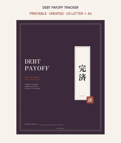Debt Payoff Tracker Printable, Snowball and Avalanche Payment Log PDF, Debt Free Progress Chart Budget Binder, US Letter A4 shown as a preview of the planner