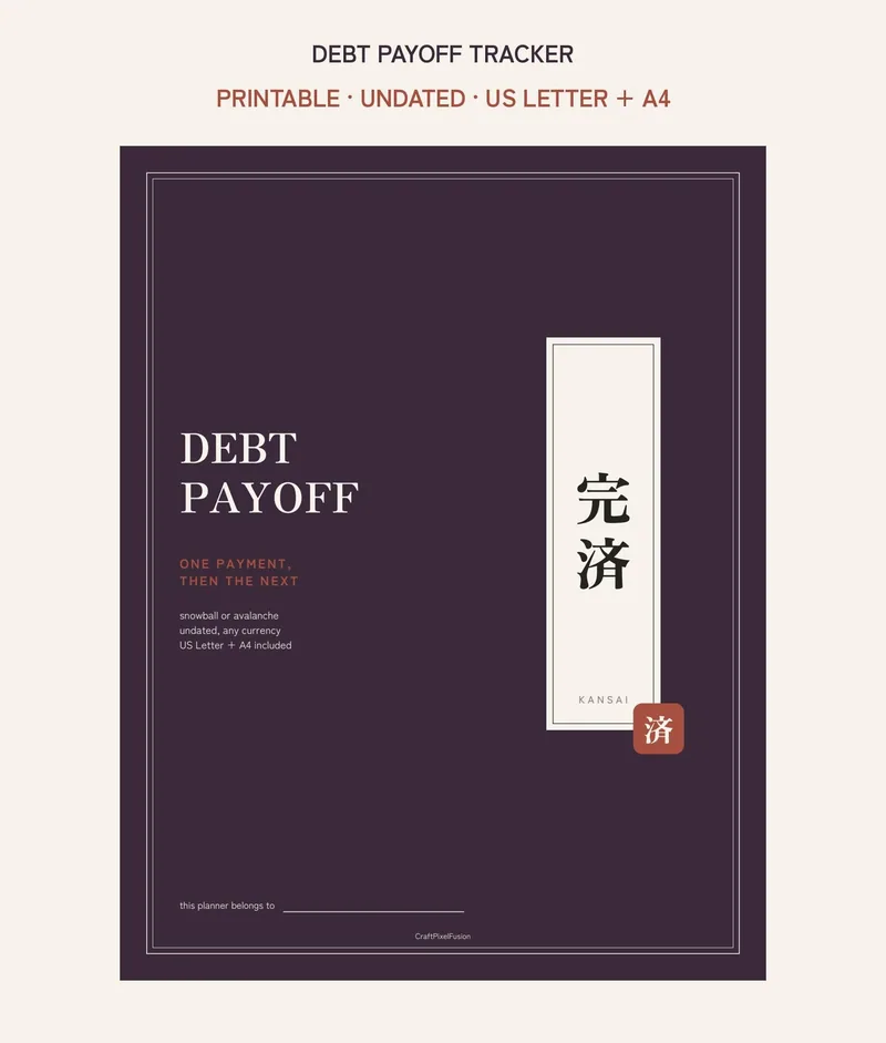 Debt Payoff Tracker Printable, Snowball and Avalanche Payment Log PDF, Debt Free Progress Chart Budget Binder, US Letter A4 shown as a preview of the planner