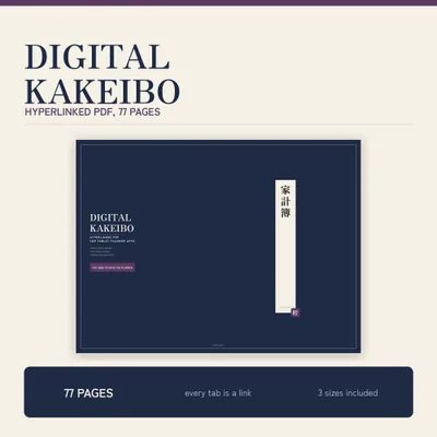 Digital Kakeibo Budget Planner, Hyperlinked PDF for Tablet Planner Apps, Undated 12 Month Expense Tracker and Spending Log, 77 Pages shown as a preview of the planner